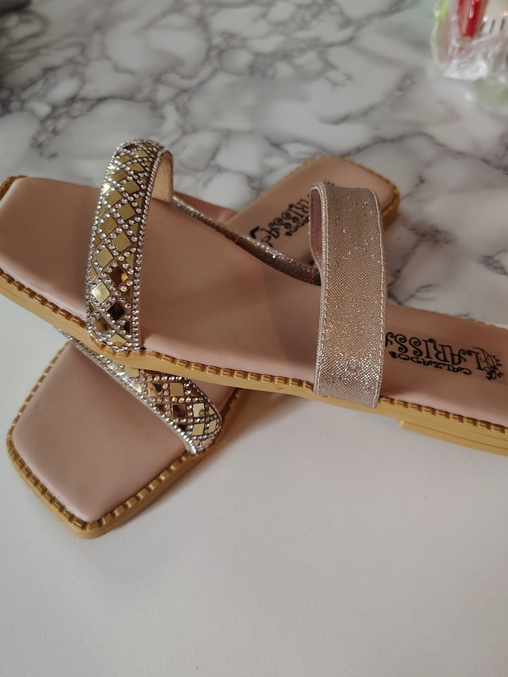 Embellished Nude Metallic Slide Sandals - Women's